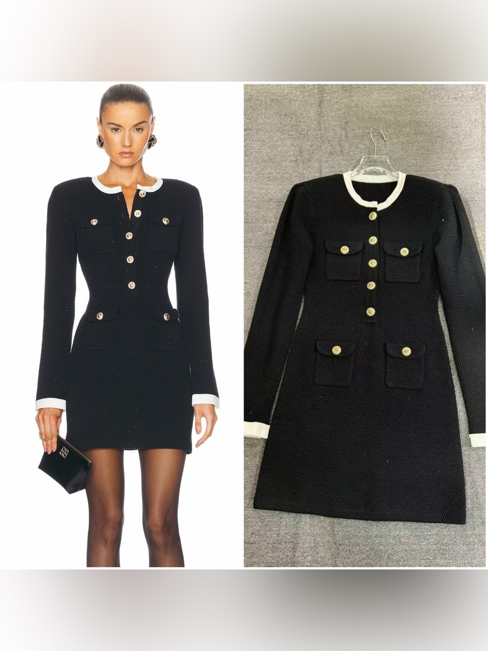 NWOT Self-Portrait Black Knit Contrast-Collar Mini Dress, Size XS/S/M
